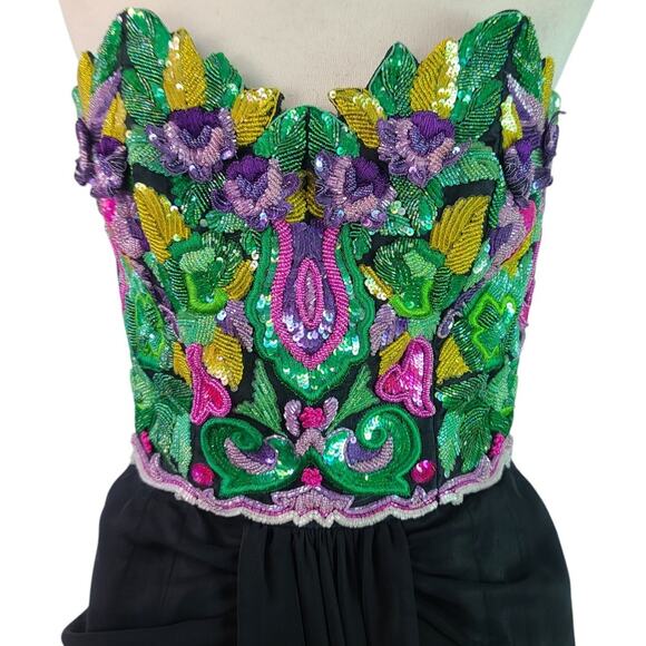 Victor Costa Vintage Black Green Pink Beaded Strapless Evening Dress Gown 10 - Picture 5 of 11